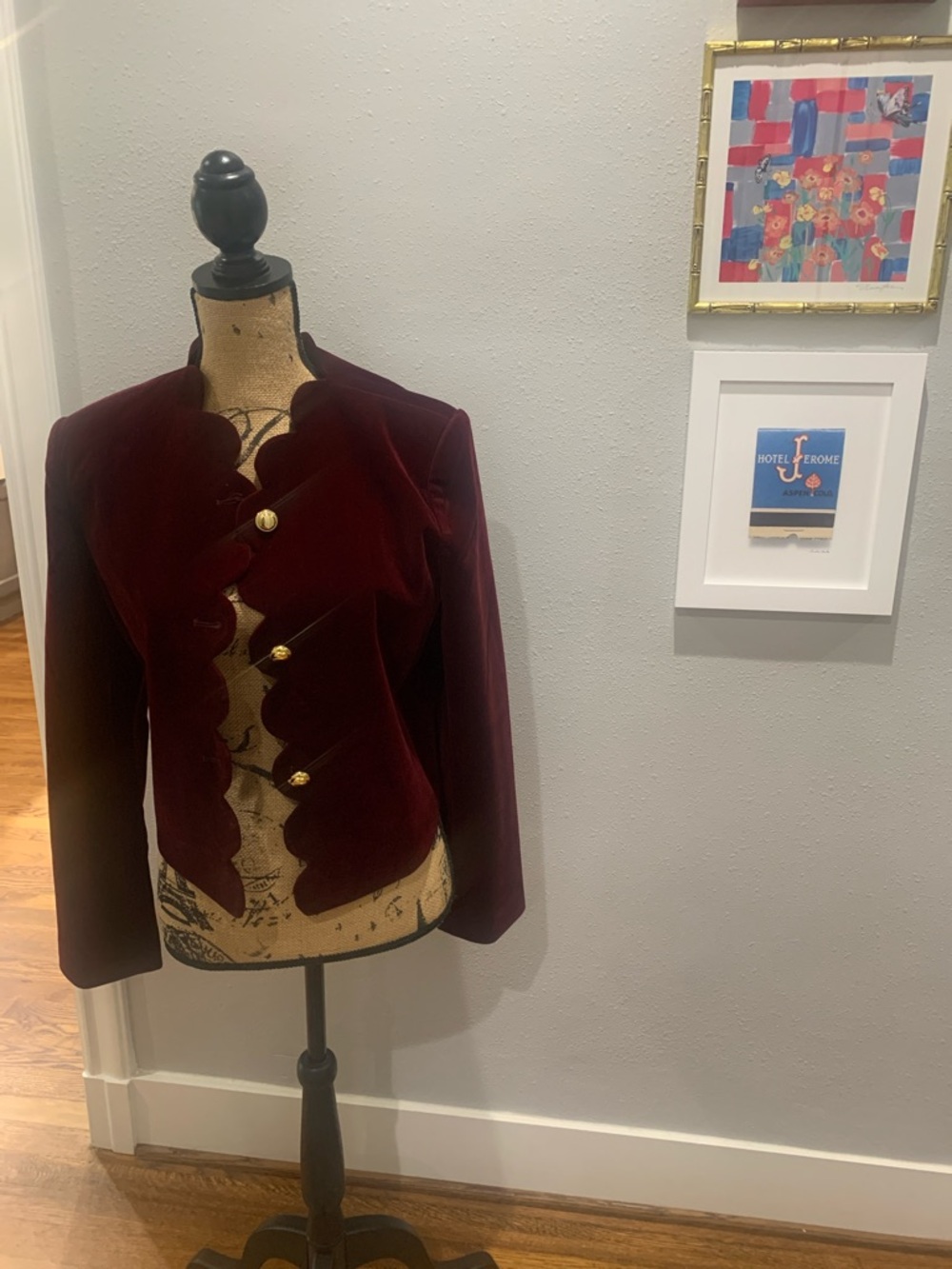 Velvet Scalloped Button Front Jacket - Burgundy